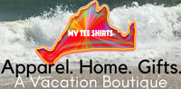 Promotional banner for a vacation boutique with clothing and home decor items, featuring a scenic background.